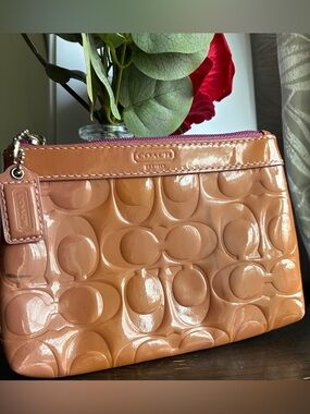 Coach Patent Signature Wristlet in Peachy Tan with Pink Trim